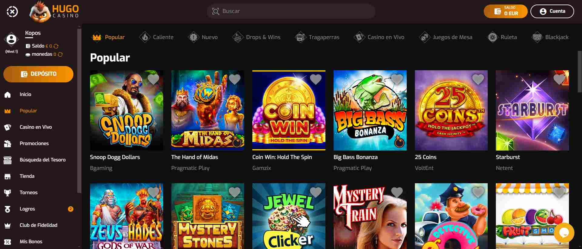 Hugo Casino juegos