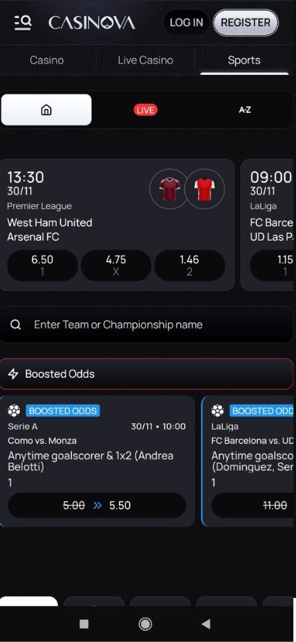 Casinova Bookmaker app móvil