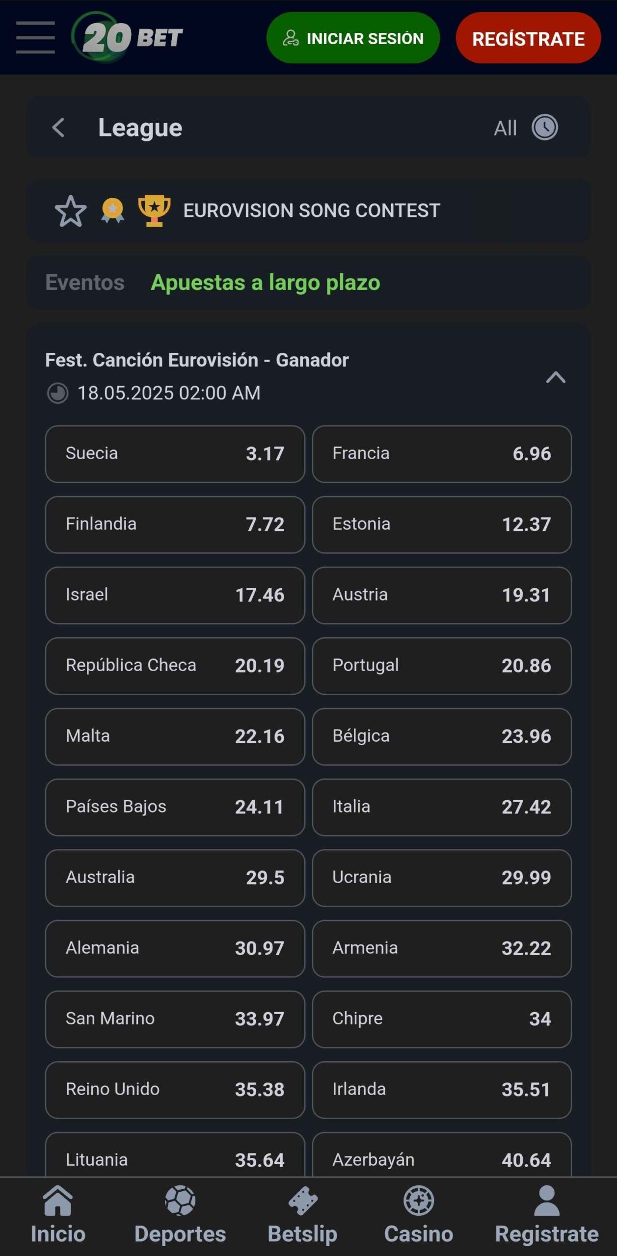 20bet Eurovisión 2025