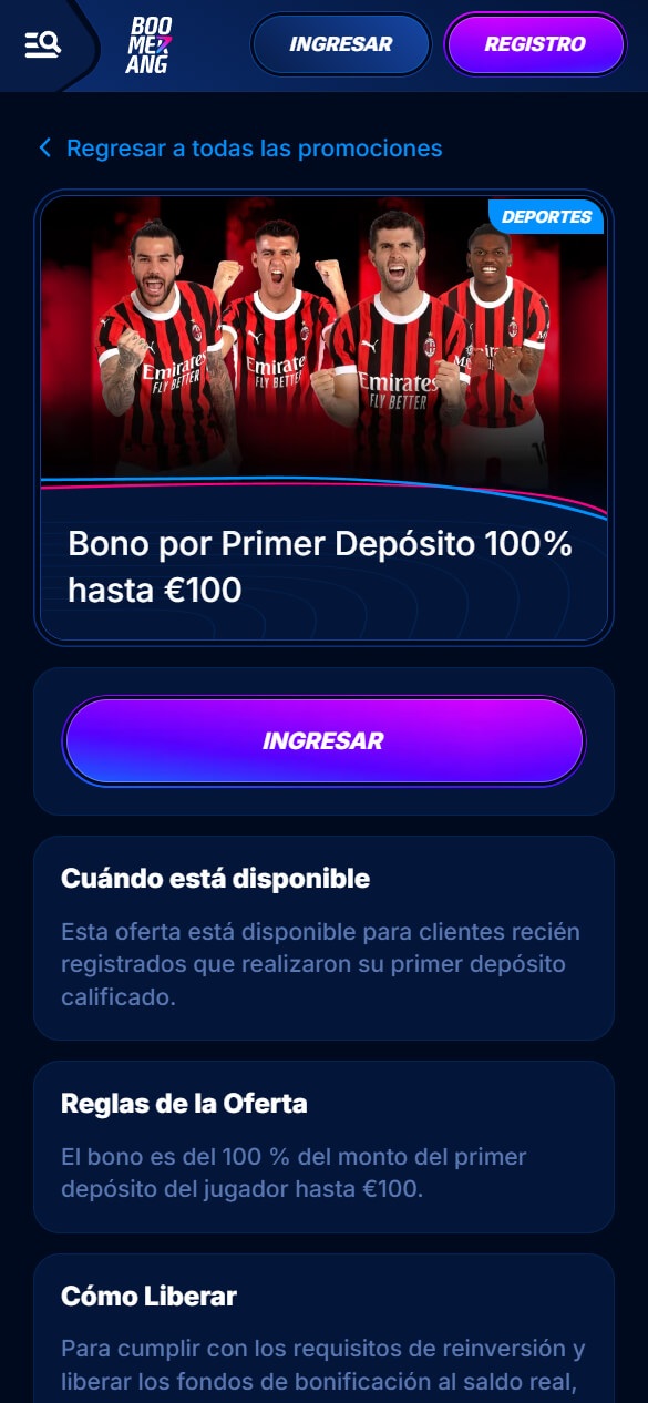 Bono de bienvenida de Boomerang Bet