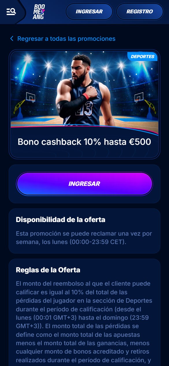 Bono de cashback de Boomerang Bet