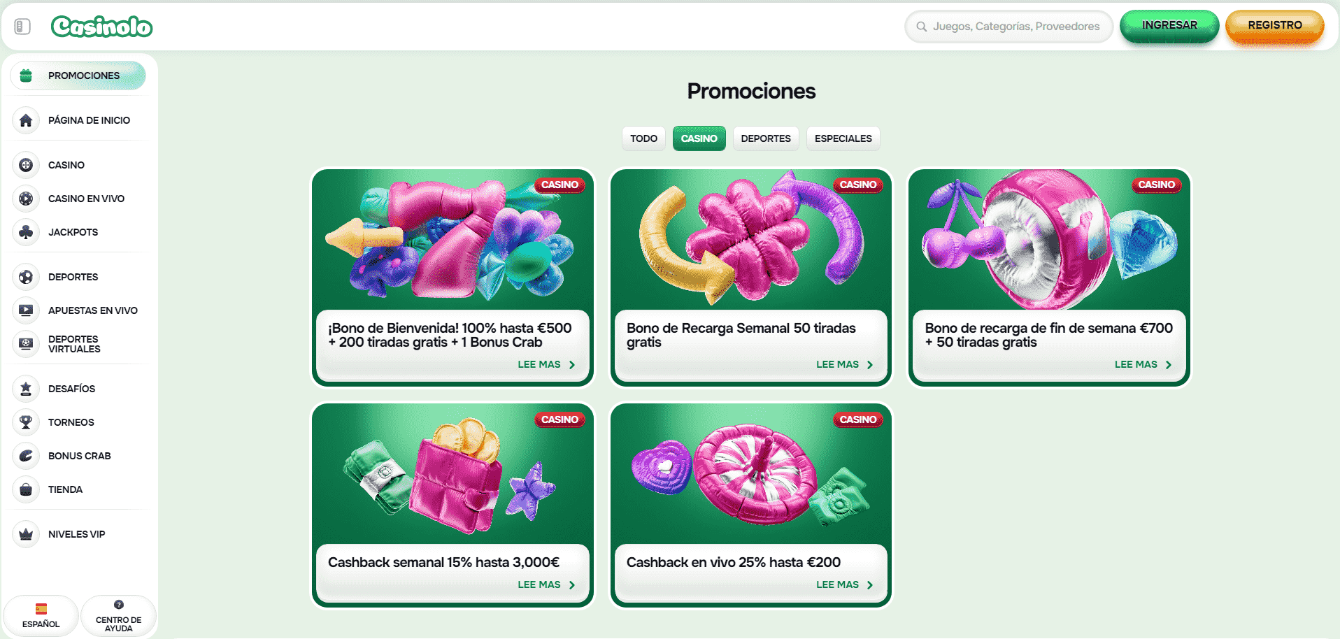 Sección de promociones en Casinolo Casino
