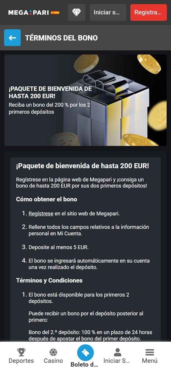 Bono de bienvenida en Megapari