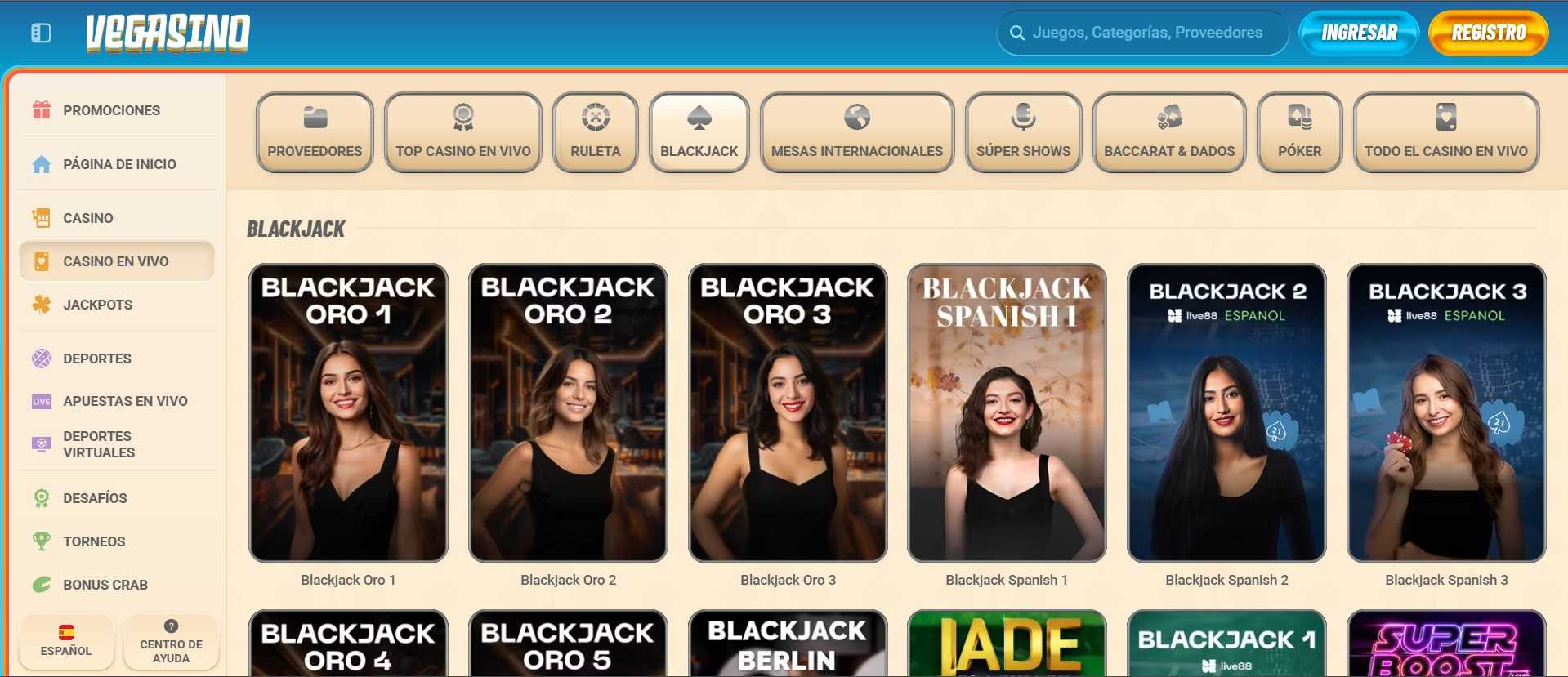 Juegos de blackjack en Vegasino