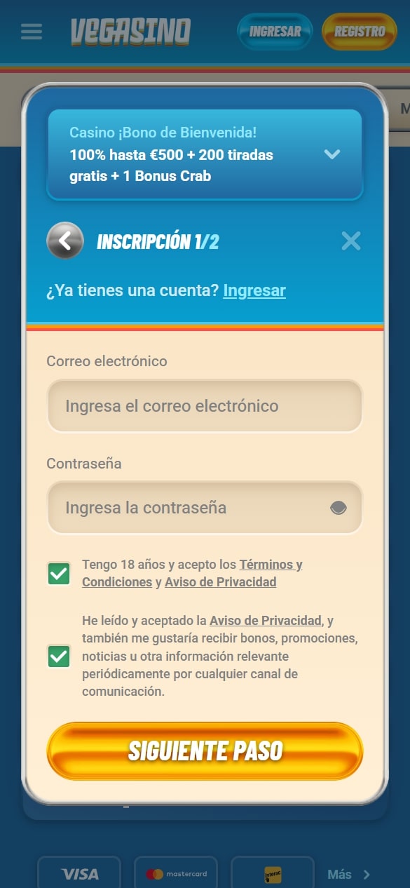 Cómo registrarse en Vegasino Casino España