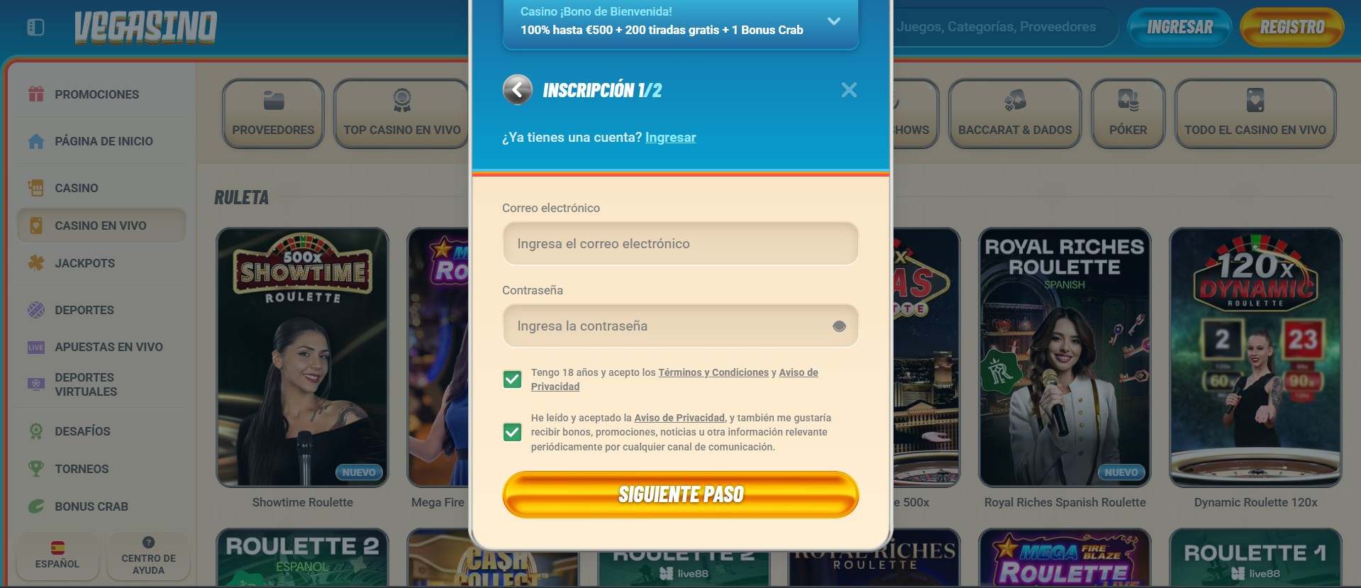 Cómo registrarse en Vegasino Casino España